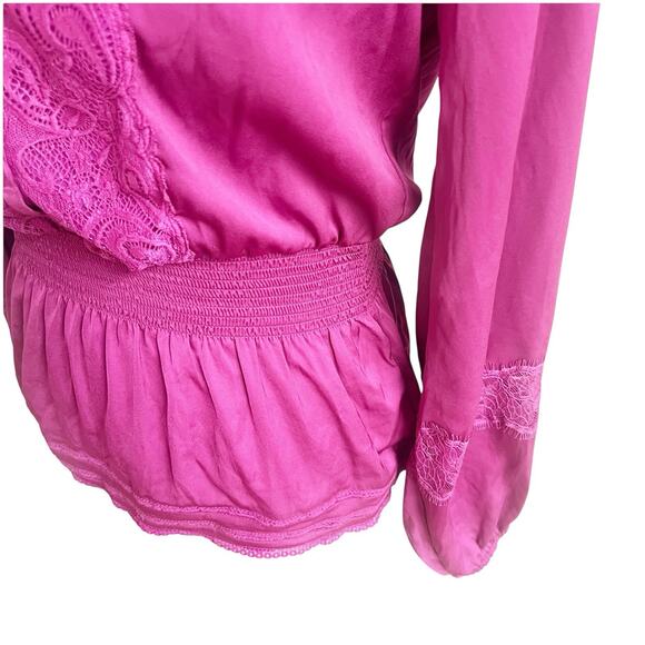 Bebe Y2K Peplum Top Satin Long Sleeve Size XS Fuschia Pink Slit Shoulder Lace - Picture 5 of 11